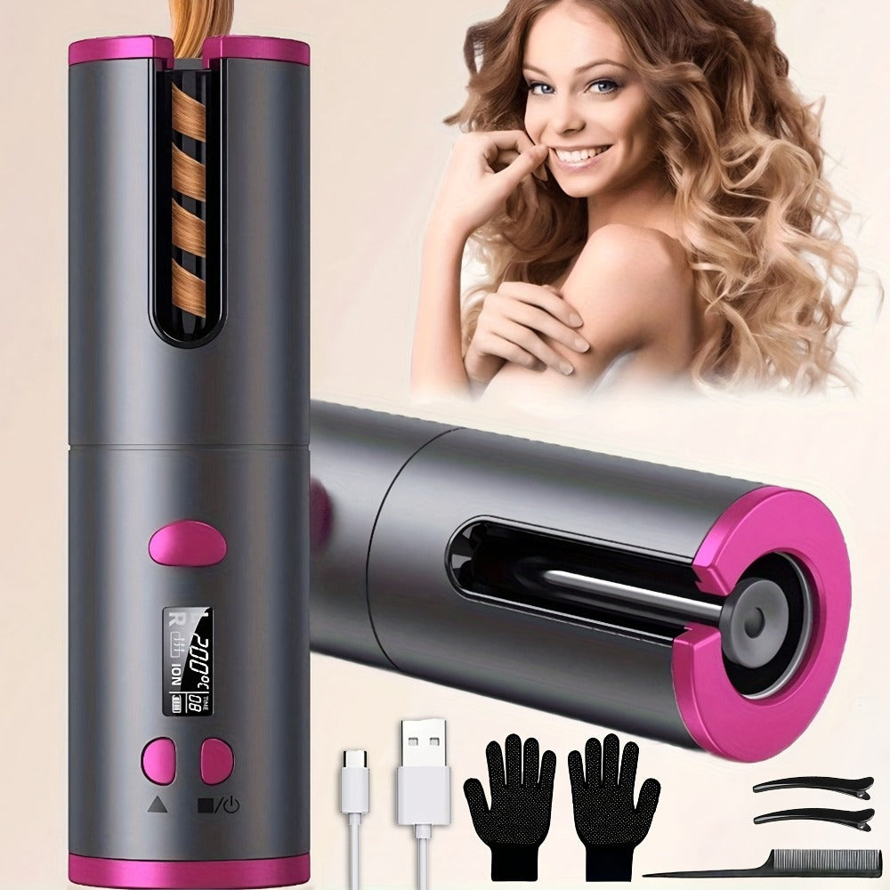Cordless Automatic Hair Curler USB Rechargeable Rotating Curling Iron 6 Heat Settings LCD Display Auto Shut-Off Fast Heat-Up Storage Bag 4 Hair Clips Comb All Hair Types Women Blue Pink Gray Gradient
