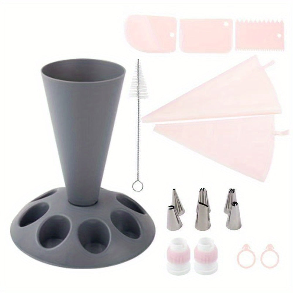 17-Piece Piping Bag Holder and Icing Nozzle Set for Cakes, Cupcakes, Cookies and Home Baking