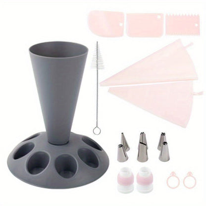 17-Piece Piping Bag Holder and Icing Nozzle Set for Cakes, Cupcakes, Cookies and Home Baking