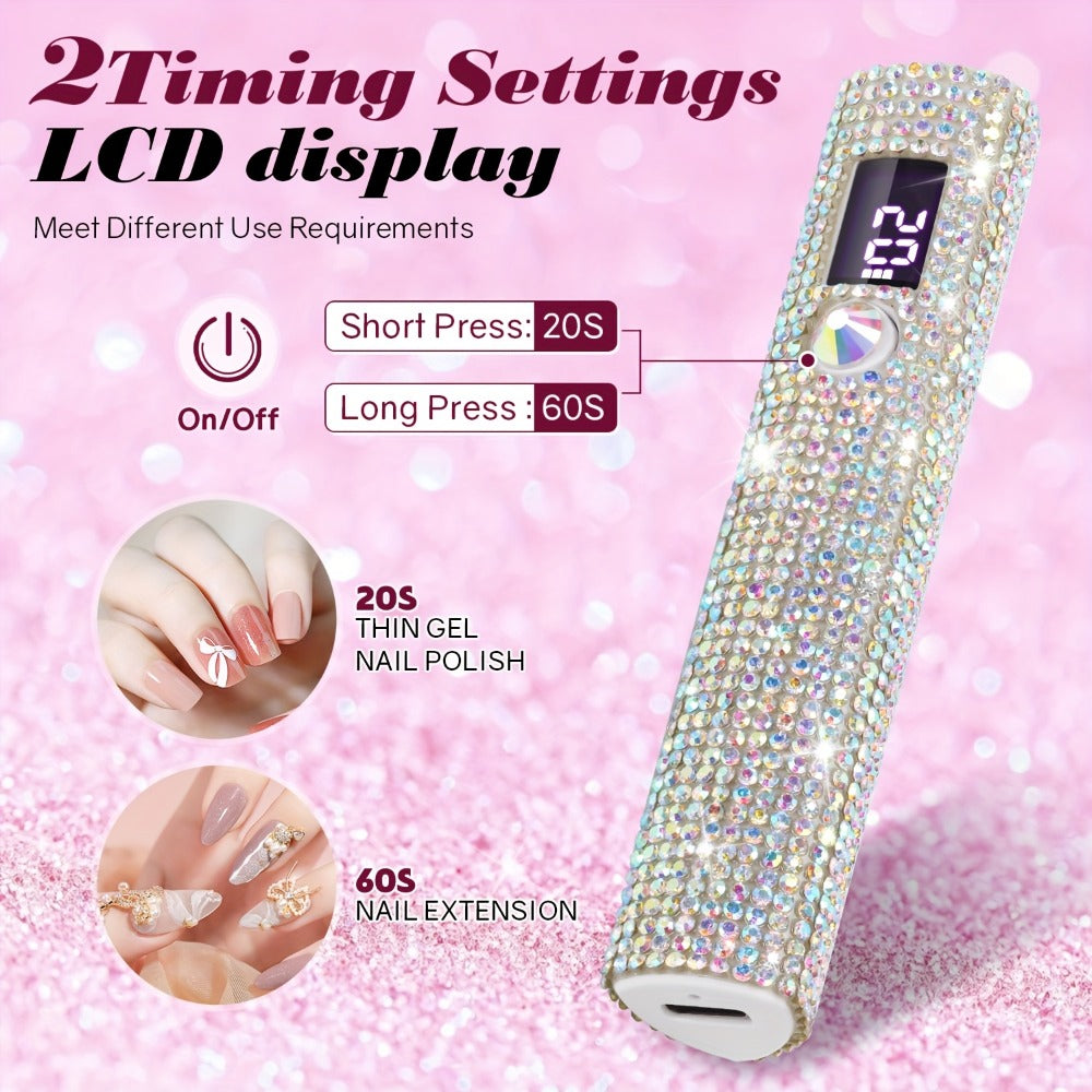 Portable LED Nail Lamp Rhinestone Design USB Rechargeable 365+405nm Quick Dry Gel Curer 20s 60s Timer LCD Display Wireless Nail Dryer for Hands Feet Home Travel Gift Women