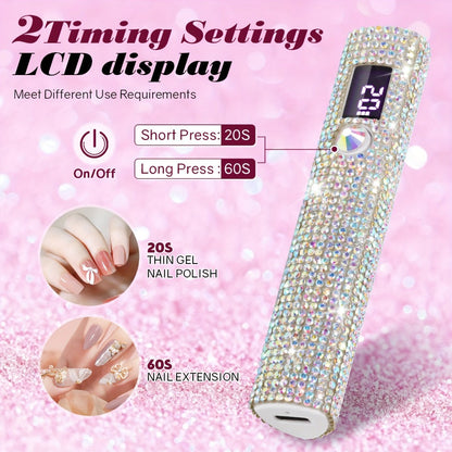 Portable LED Nail Lamp Rhinestone Design USB Rechargeable 365+405nm Quick Dry Gel Curer 20s 60s Timer LCD Display Wireless Nail Dryer for Hands Feet Home Travel Gift Women