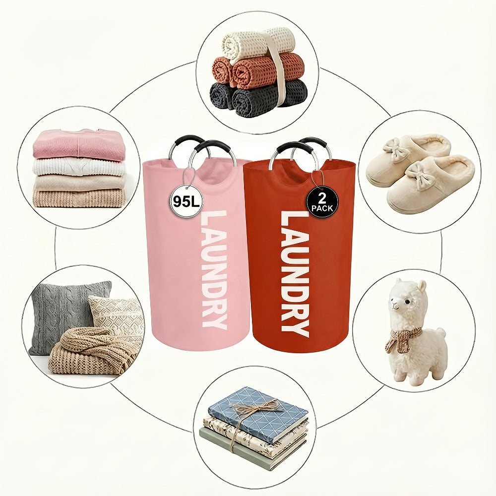 Two-Piece 95L Foldable Laundry Hamper Set with Ring Handles in 12 Solid or Mixed Color Options