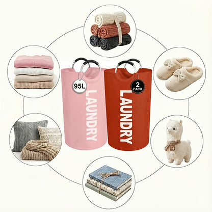 Two-Piece 95L Foldable Laundry Hamper Set with Ring Handles in 12 Solid or Mixed Color Options