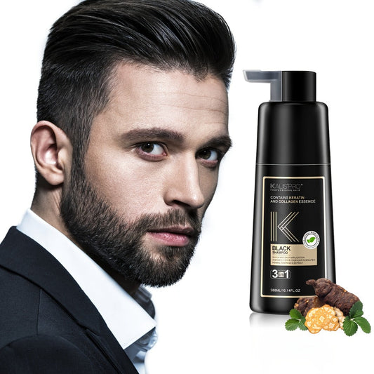 Men's 3-in-1 Black Hair & Beard Dye Shampoo — 8-Minute Gray Coverage, Ammonia-Free Long-Lasting Natural Color, Shampoo + Hair Dye + Beard Dye in One Step, All Hair Types, 10 oz, 1 & 2 Pack