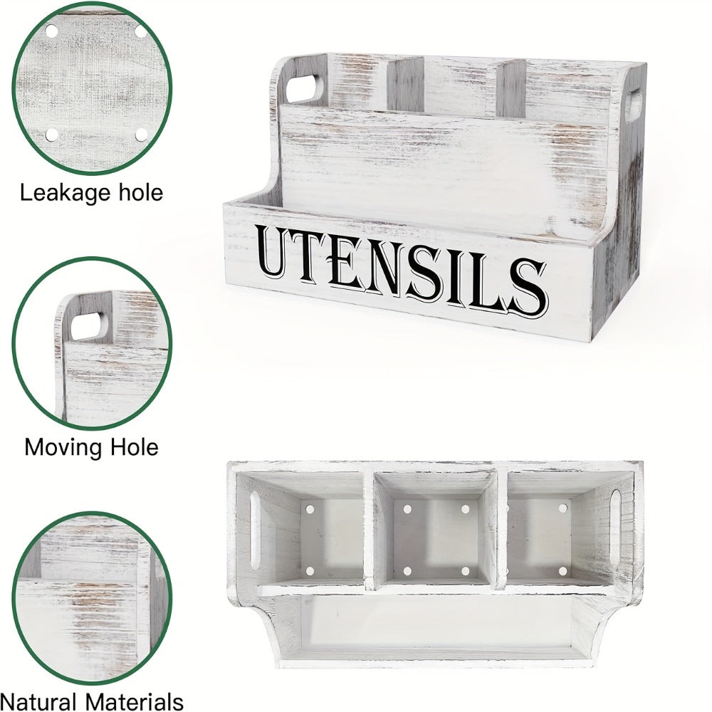 Utensil Holder Kitchen Organizer with Four Wood Compartments, Countertop Shelf and White or Black Finish