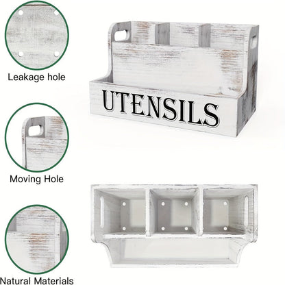 Utensil Holder Kitchen Organizer with Four Wood Compartments, Countertop Shelf and White or Black Finish