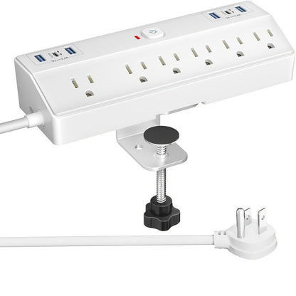 Desk Clamp Power Strip with USB-C PD 20W Fast Charging - 4 AC Outlets 4 USB Ports Surge Protector 1050J 8.8Ft Flat Plug Extension Cord Removable Clamp Fits 1.8 Inch Tabletop Edge Home Office Gaming