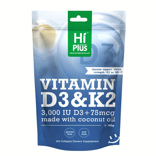 Vitamin D3 K2 MK-7 Supplement 300 Softgels — 3000 IU D3 + 75mcg K2 with Virgin Coconut Oil for Calcium Absorption Bone Density Immune & Heart Health Double Strength One-a-Day