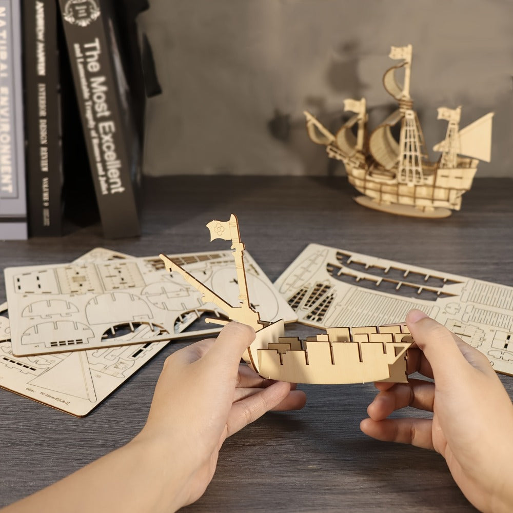 Wooden Sailboat Model Kit Ocean Theme – Handmade 3D DIY Assembly Brain Teaser Puzzle for Adults Teens, Display Ship Model, Nautical Hobbyist Gift for Birthday Christmas Thanksgiving