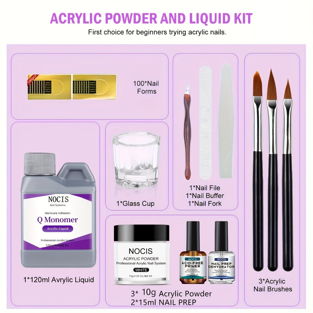 Acrylic Nail Kit NOCIS Three 10g Powders with Q Monomer, Primer, Brush Cleaner, Four Brushes and Mixing Cup