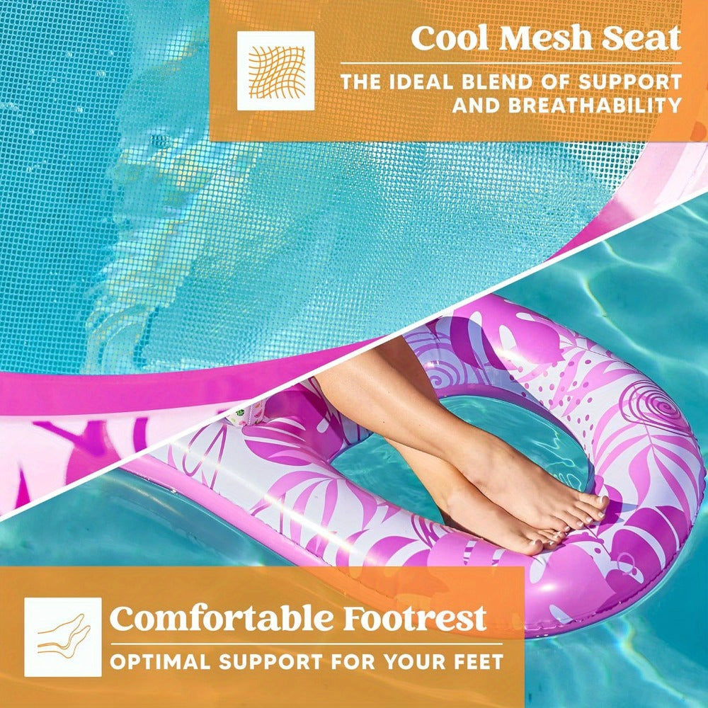 Pink Tropical Inflatable Pool Recliner Float, 60 x 36 x 24 Inches with Mesh Seat and Cup Holder