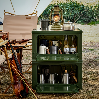 Folding Storage-Box Table with Five Access Doors and Wood-Look Top in One- or Two-Piece Color Options