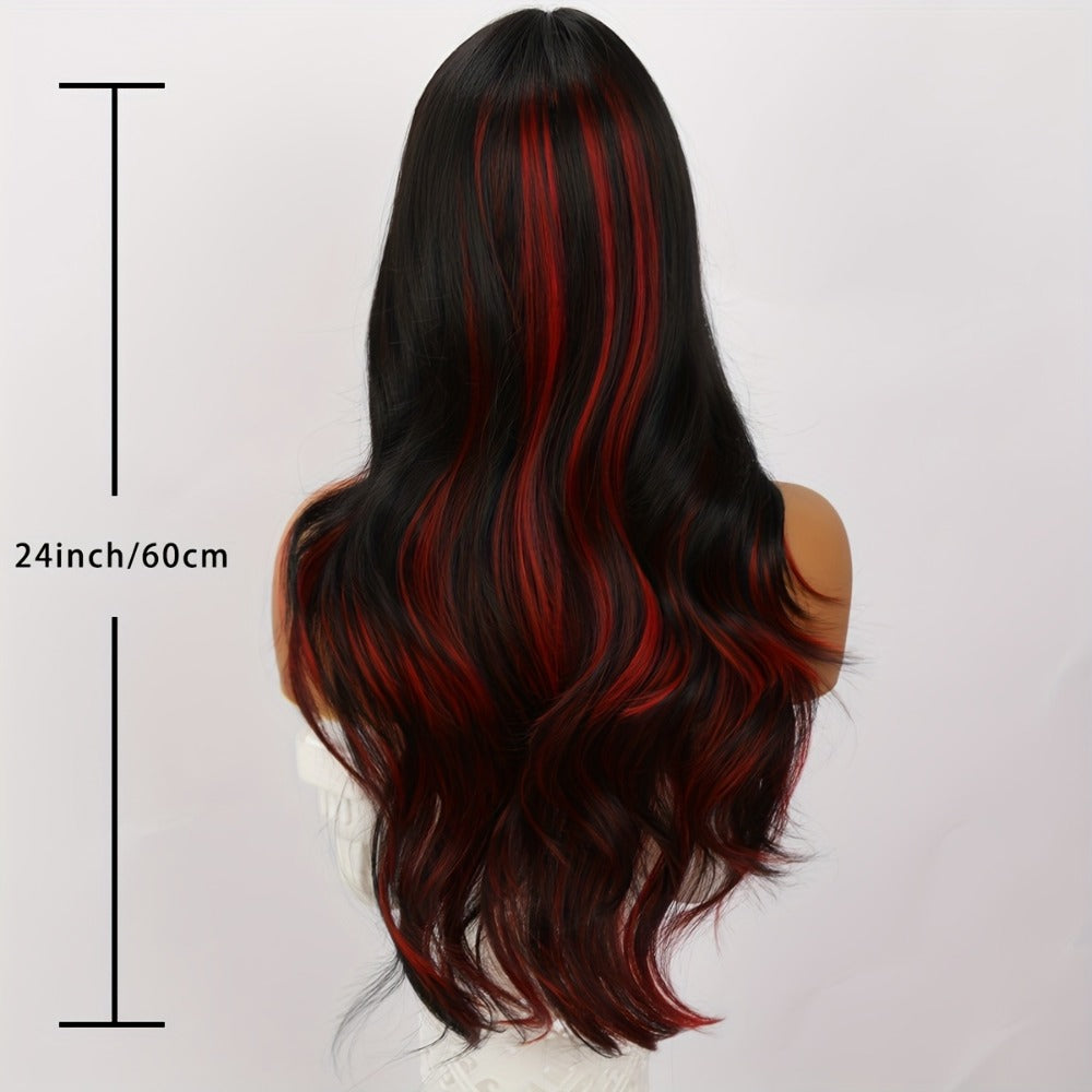 Synthetic Wig 24-Inch Straight Style with Red Highlights, A-Shape Bangs and Adjustable Rose Net Cap