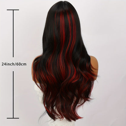 Synthetic Wig 24-Inch Straight Style with Red Highlights, A-Shape Bangs and Adjustable Rose Net Cap