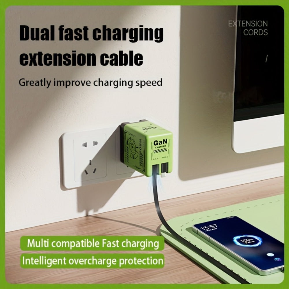 GaN Wall Charger 120W Fast with Retractable Built-In Cable & Foldable Plug – Compact Portable Travel USB-C Adapter for iPhone 17 16 15 14 Pro Max, Samsung Galaxy Ultra, Android Devices, 6 Colors