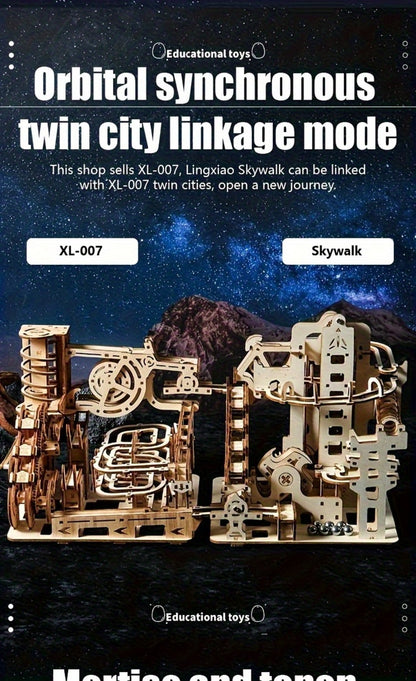 Wooden Marble Track Model Kit with Dual-Linkage A or B Builds, Laser-Cut Panels, Gears and Ball Rails
