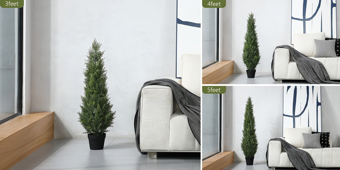 Artificial Cedar Topiary Tree with 3, 4 or 5 ft Height Options, Black Pot and Single or Two-Tree Sets
