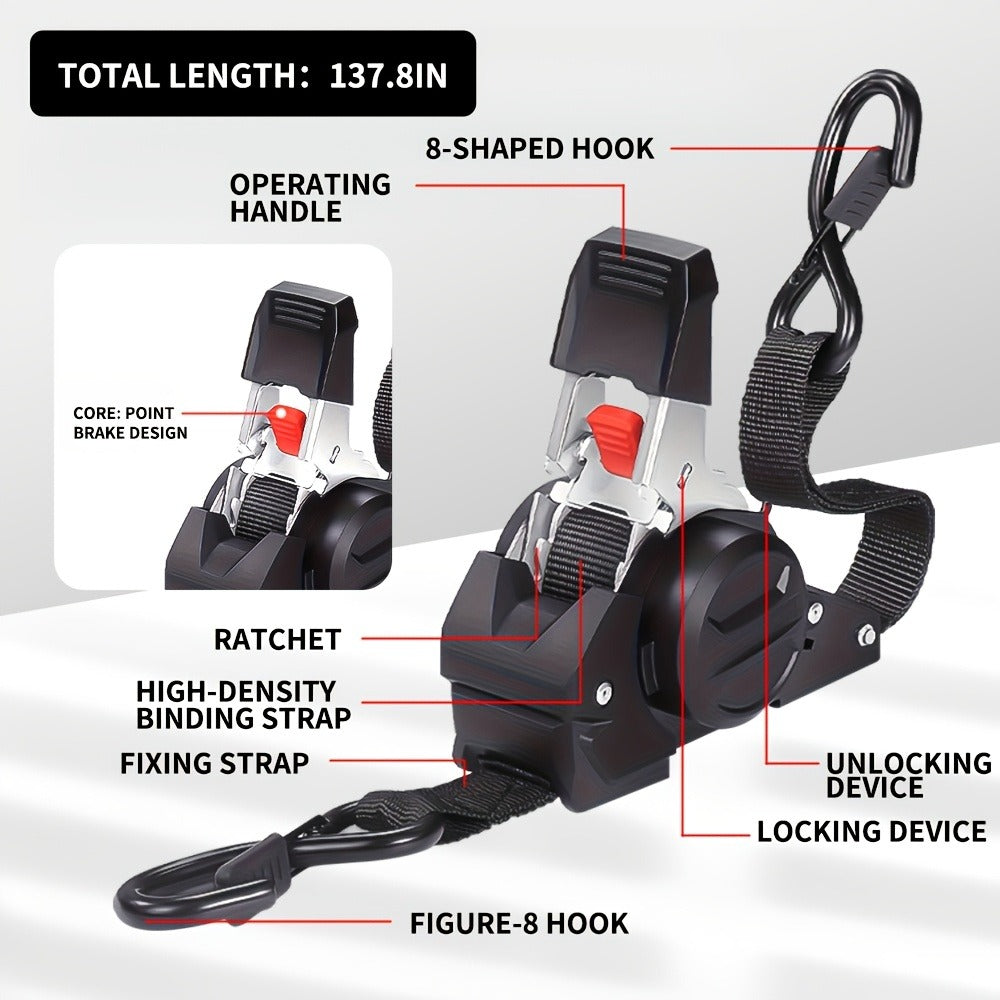Ratchet Tie-Down Straps with Auto-Retract & Speed Control – Heavy-Duty Cargo Securing Kit with Hooks & Storage Bag | Motorcycle Transport, Towing & Truck Bed Load Securing