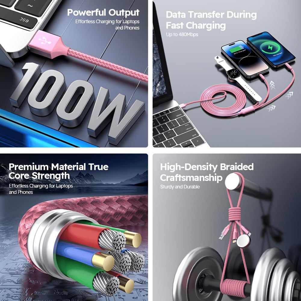 3-in-2 Multi Charging Cable for Apple Watch iPhone Samsung Galaxy – Fast Charging USB-A & USB-C Compatible with iWatch Ultra Series 10 9 8 7 6 SE iPhone 17 16 15 14 Portable Cord Gray Red Pink Multiple Colors