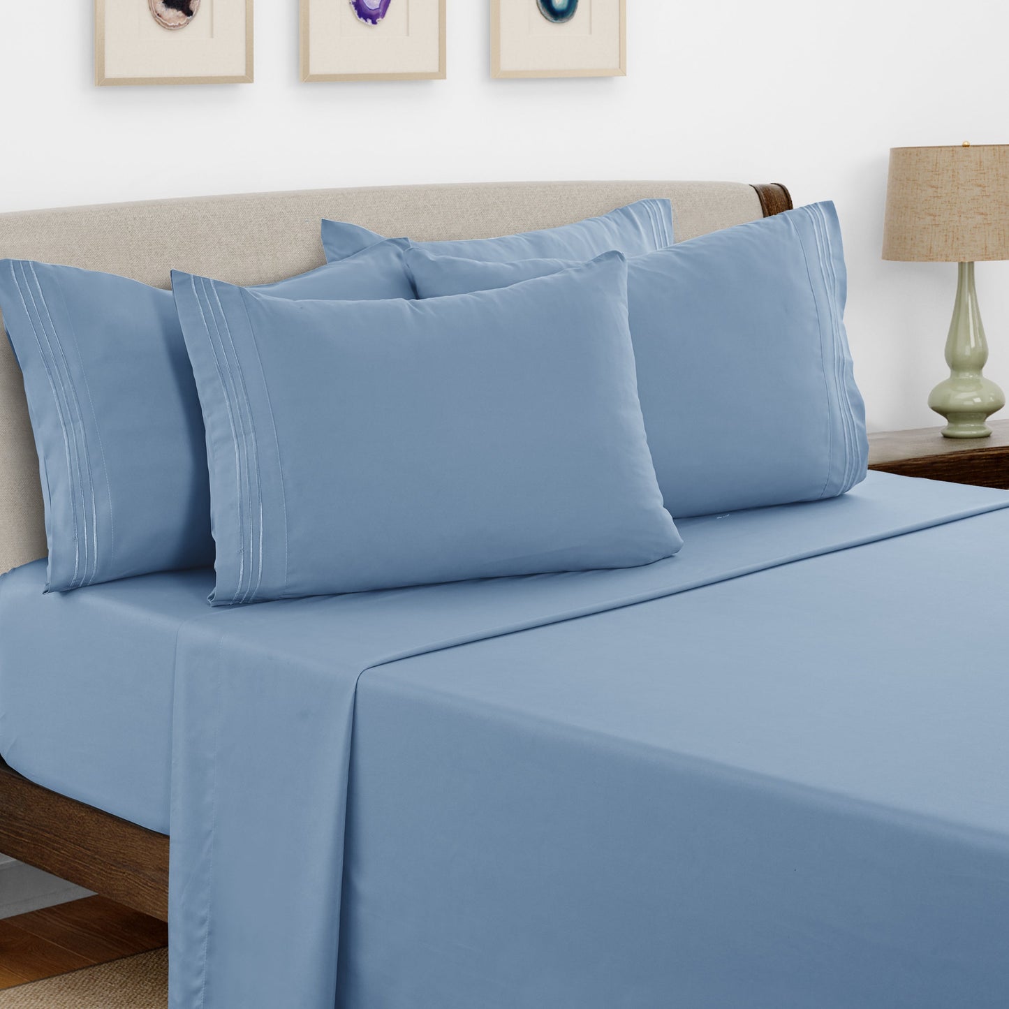 Bed Sheet Set Brushed Microfiber with Embroidered Pillowcases, 16-Inch Pocket and 4- or 6-Piece Sizing