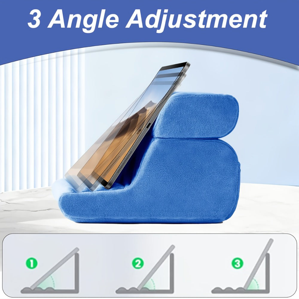 Soft Foldable Tablet Pillow Stand in Black or Blue with Three Viewing Faces, Storage Pockets and 242 × 186 × 290 mm Label