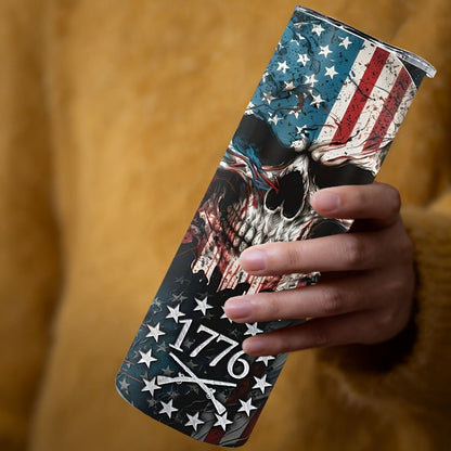 Insulated Tumbler 20oz Patriotic Skull Graphic in Blue with Stainless Steel, Lid and Straw