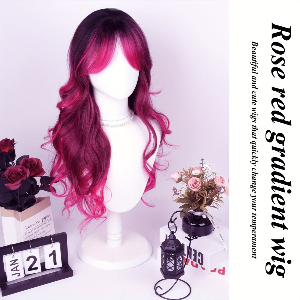 Synthetic Wig 28-Inch Rose-Red Gradient Waves with Air Bangs, 150% Density and Rose Net Cap