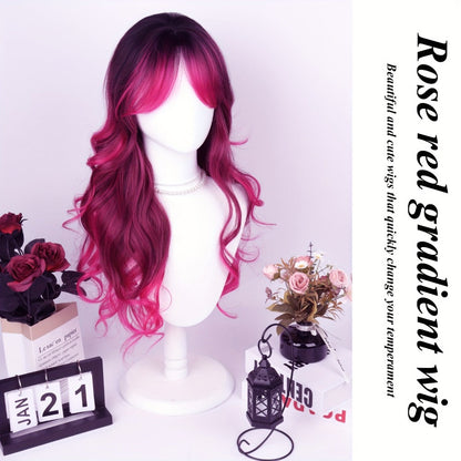 Synthetic Wig 28-Inch Rose-Red Gradient Waves with Air Bangs, 150% Density and Rose Net Cap