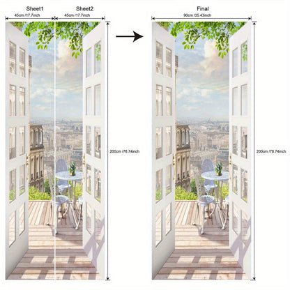 Balcony-View Door Mural Panel Set with Two 17.7-Inch Sheets and 35.43 x 78.74-Inch Final Scene
