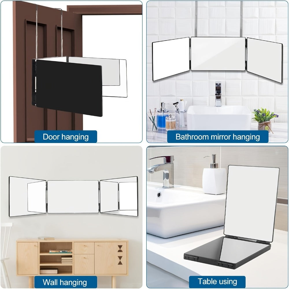 Folding 3 Way Mirror for Hair Cutting 360° View HD Glass, Three-Sided Barber Mirror Adjustable Height Telescopic Door Hook Wall Mount USB Powered, Self Haircut Mirror for Men Women Shaving Beard Makeup