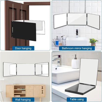 Folding 3 Way Mirror for Hair Cutting 360° View HD Glass, Three-Sided Barber Mirror Adjustable Height Telescopic Door Hook Wall Mount USB Powered, Self Haircut Mirror for Men Women Shaving Beard Makeup