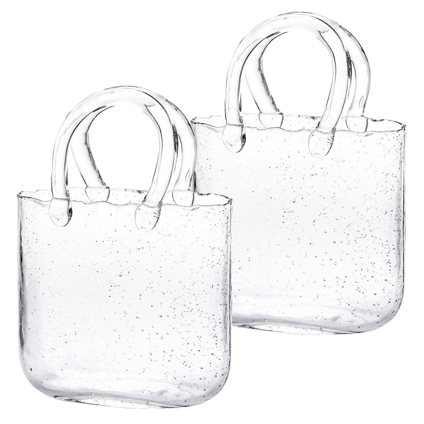 Clear Bubble Glass Purse Vase with Handbag Handles, 1- or 2-Piece Set and 10.4-Inch Height