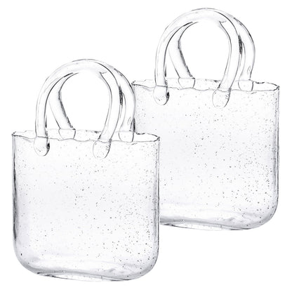 Clear Bubble Glass Purse Vase with Handbag Handles, 1- or 2-Piece Set and 10.4-Inch Height