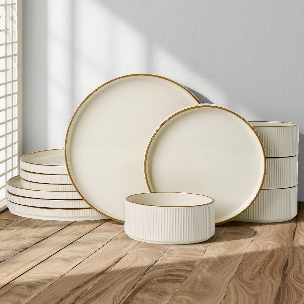 12-Piece Ribbed Dinnerware Set for Four with Dinner Plates, Salad Plates and Cereal Bowls in Two Cream Tones