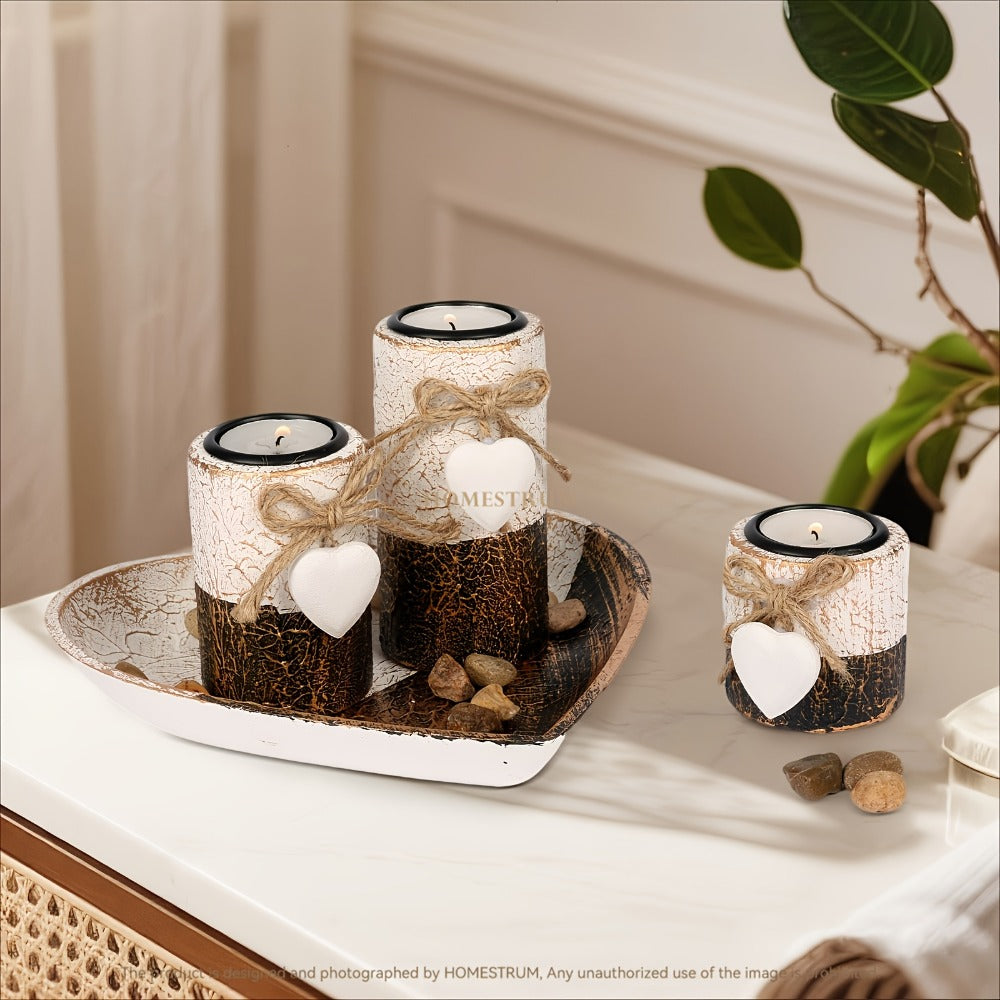 Wooden Candle Holder Set of 4 – Love Heart Tray, Tea Light Holder, Knot Bow Decoration & Decorative Stone Bowl for Home Decor, Valentine's Day, Christmas & Easter Gift