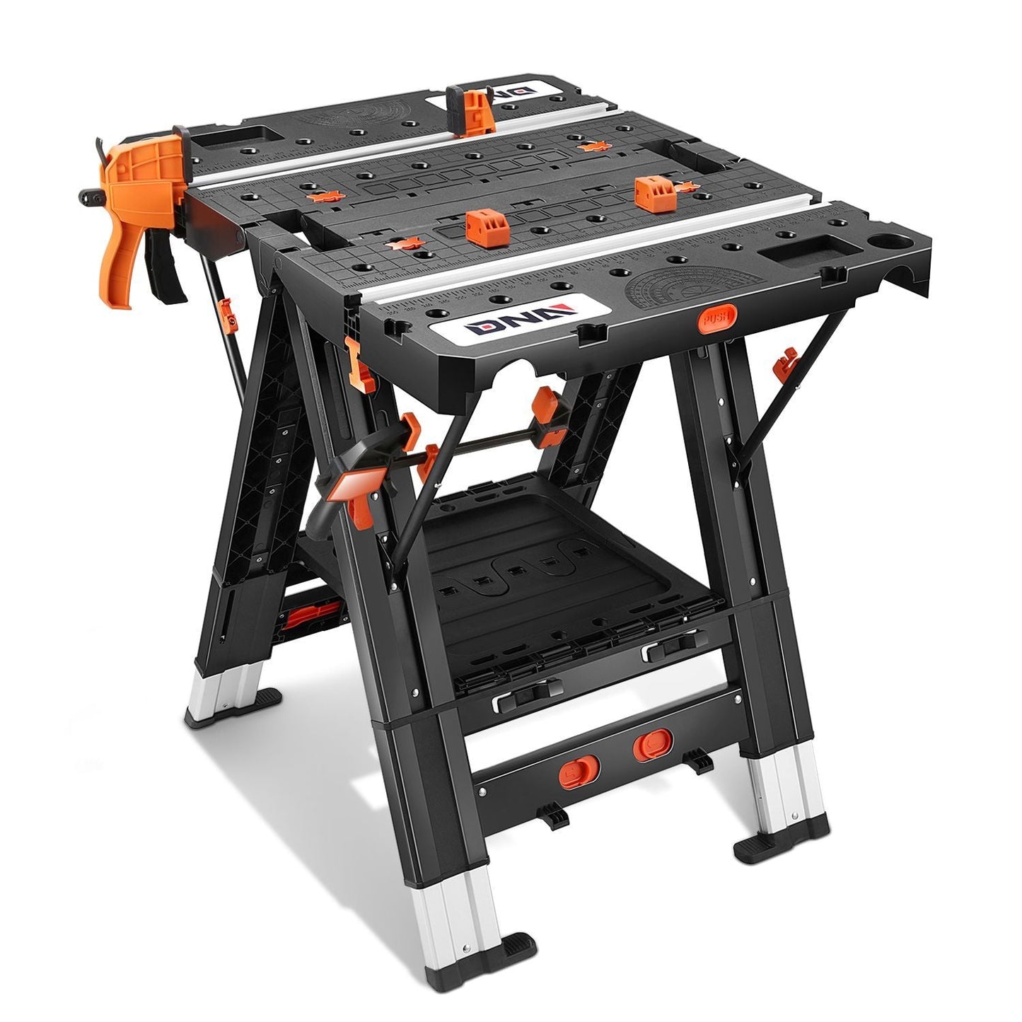 Orange-and-Black Folding 31.1 x 25-Inch Workbench and Sawhorse with Clamps, Blocks and Tool Tray