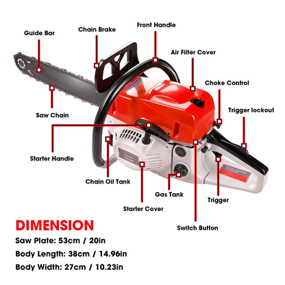 62CC Gas Chainsaw with 20-Inch Guide Bar in Five Red and Orange Checkout Configuration Options