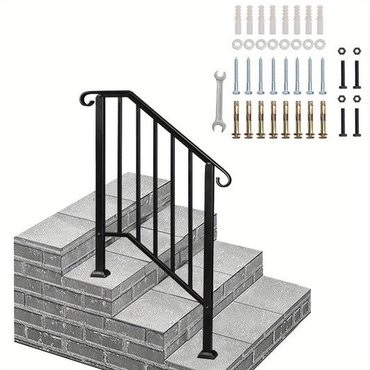 Wrought Iron Stair Handrail for 2-3 Steps - Matte Black & White Powder Coated Iron Picket Railing with Stainless Steel Post Mounts, Indoor Outdoor Home Safety Grab Bar & Accessibility Rail