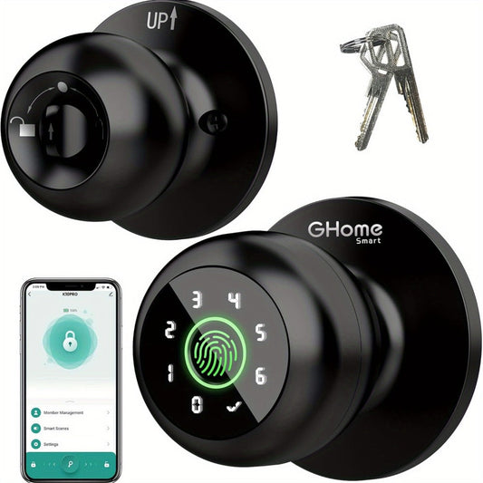 GHome Smart Lock Knob with Fingerprint & Keypad - USB-C Rechargeable, App-Controlled Keyless Entry, Auto-Lock, Passage & Privacy Mode, K10 / K10 PRO / K20 / KD03 PRO, for Home Bedroom Office