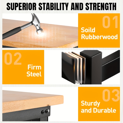 Adjustable 28–40-Inch Wood-Top Workbench in 60- or 96-Inch Widths with Pegboard, Wheels and Power Strip