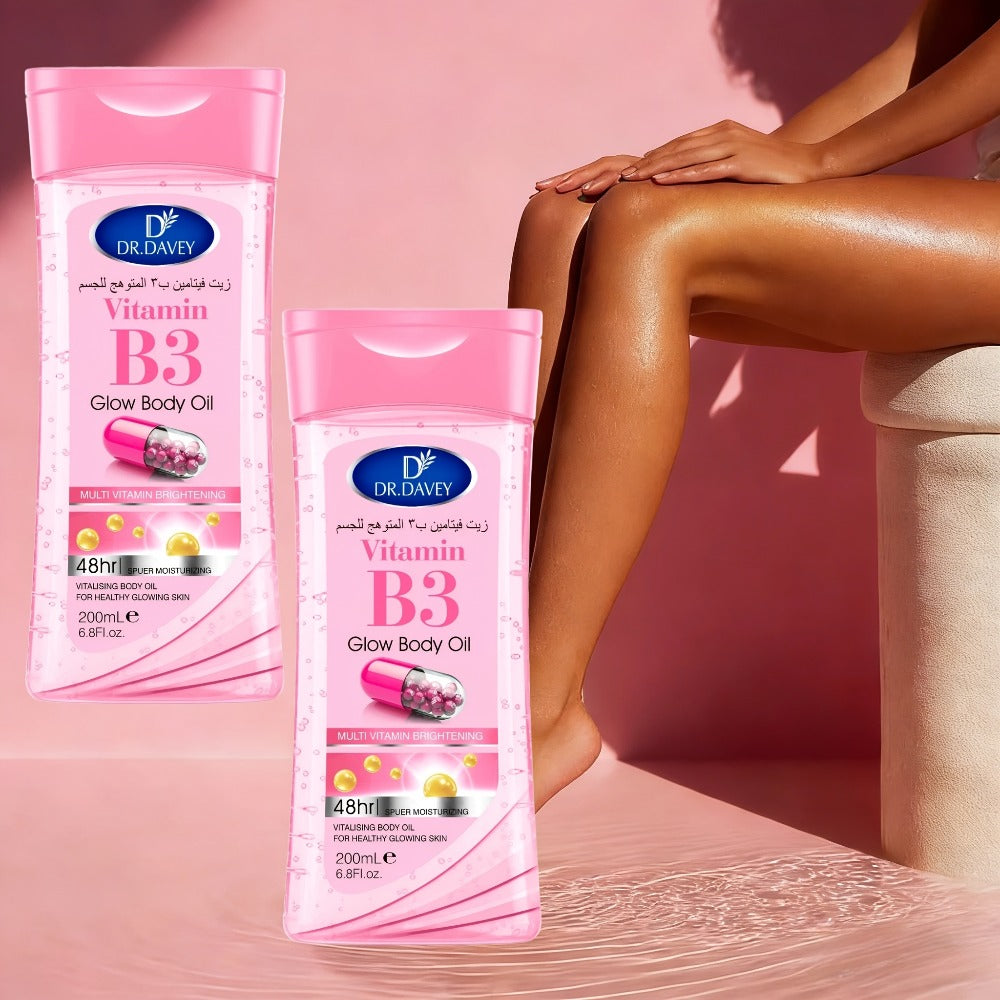 Vitamin B3 Body Oil, Two-Piece Set of 200ml Flip-Top Bottles with Coordinated Pink Niacinamide Labels