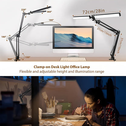 Dual-Head LED Desk Lamp with 28-Inch Light Bars, Clamp Base, USB Controller and Three Color Modes
