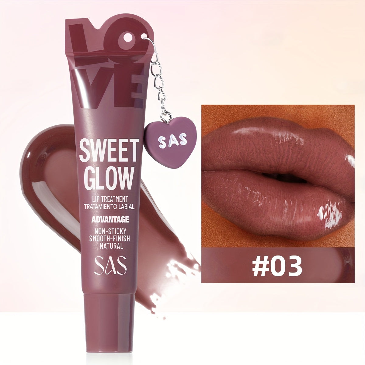 SAS Heart-Pendant Lip Gloss with 15ml Net Content, Squeeze-Tube Format and Six Numbered Shades