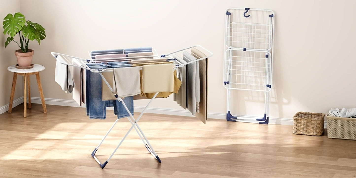 White Four-Wing Folding Clothes Drying Rack with X-Frame, Freestanding Laundry Bars and 55.1 x 37.8-Inch Layout
