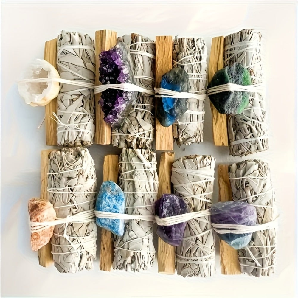 Natural White Sage and Random Crystal Decor Set for Meditation Spaces, Displays and Seasonal Gifts