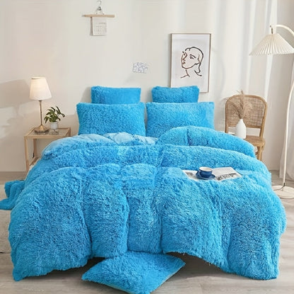 Plush Four-Piece Duvet Cover Set with Bed Sheet, Two Pillowcases, Queen or King Size and Eight Colors