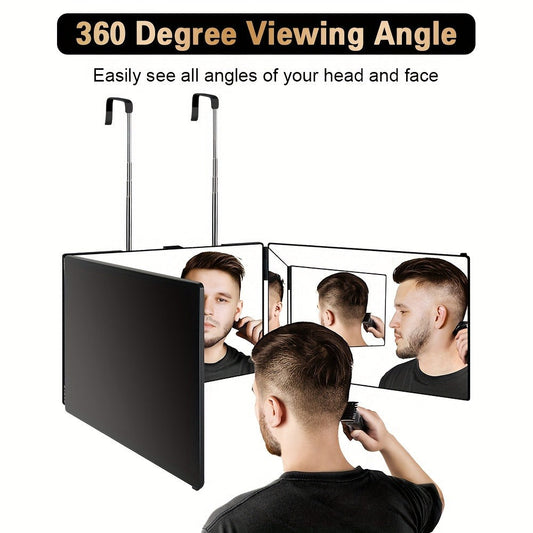 Hair Cutting Mirror 3-Way 360 View Self Haircut Mirror LED Light Anti-Fog HD Glass Triple Fold Height Adjustable Door Wall Table Mount DIY Barber Mirror for Women Men Home Use