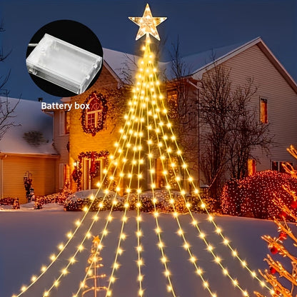 Christmas Tree Waterfall Fairy Lights 200 LED with Star Top Decoration, 8 Lighting Modes — Battery, Solar & USB Powered Indoor Outdoor Colorful Cascading Holiday Light Strip