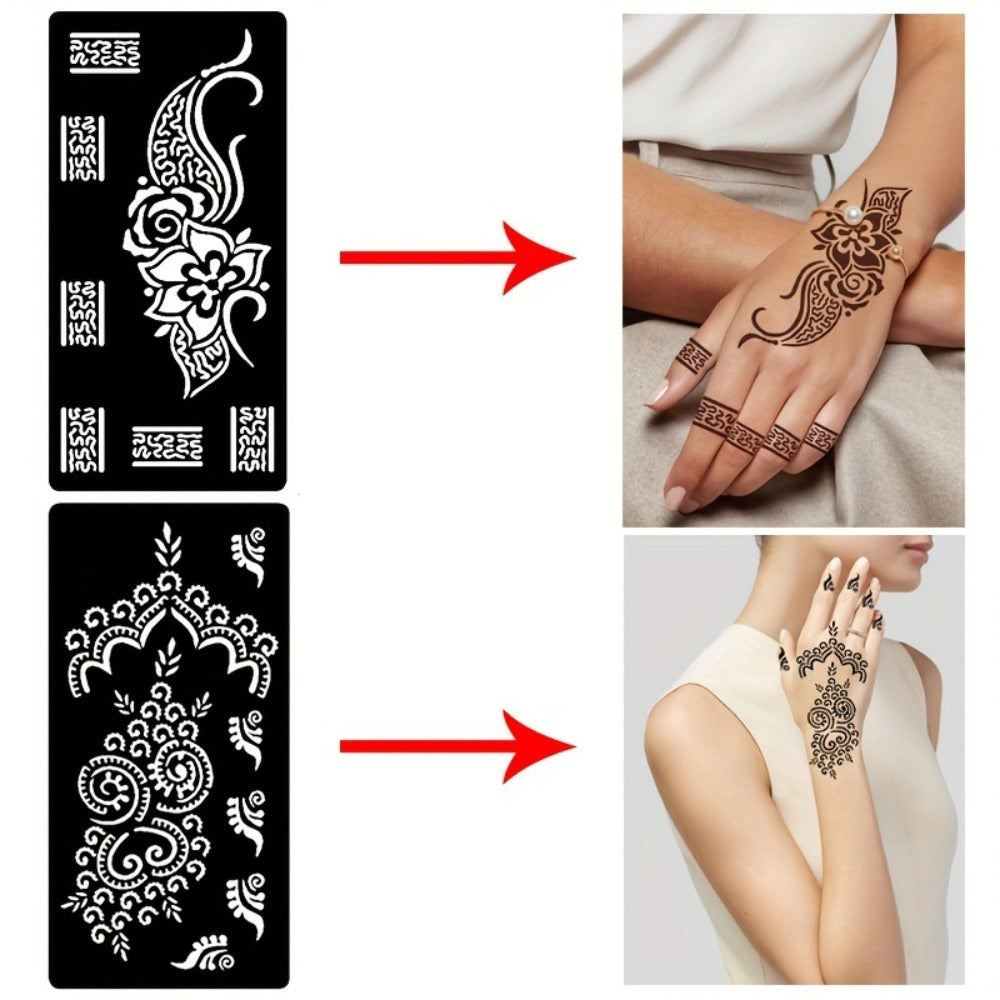 Seven-Piece Floral Tattoo Stencil Set with Paisley and Henna-Style Designs in SM031 or SM032