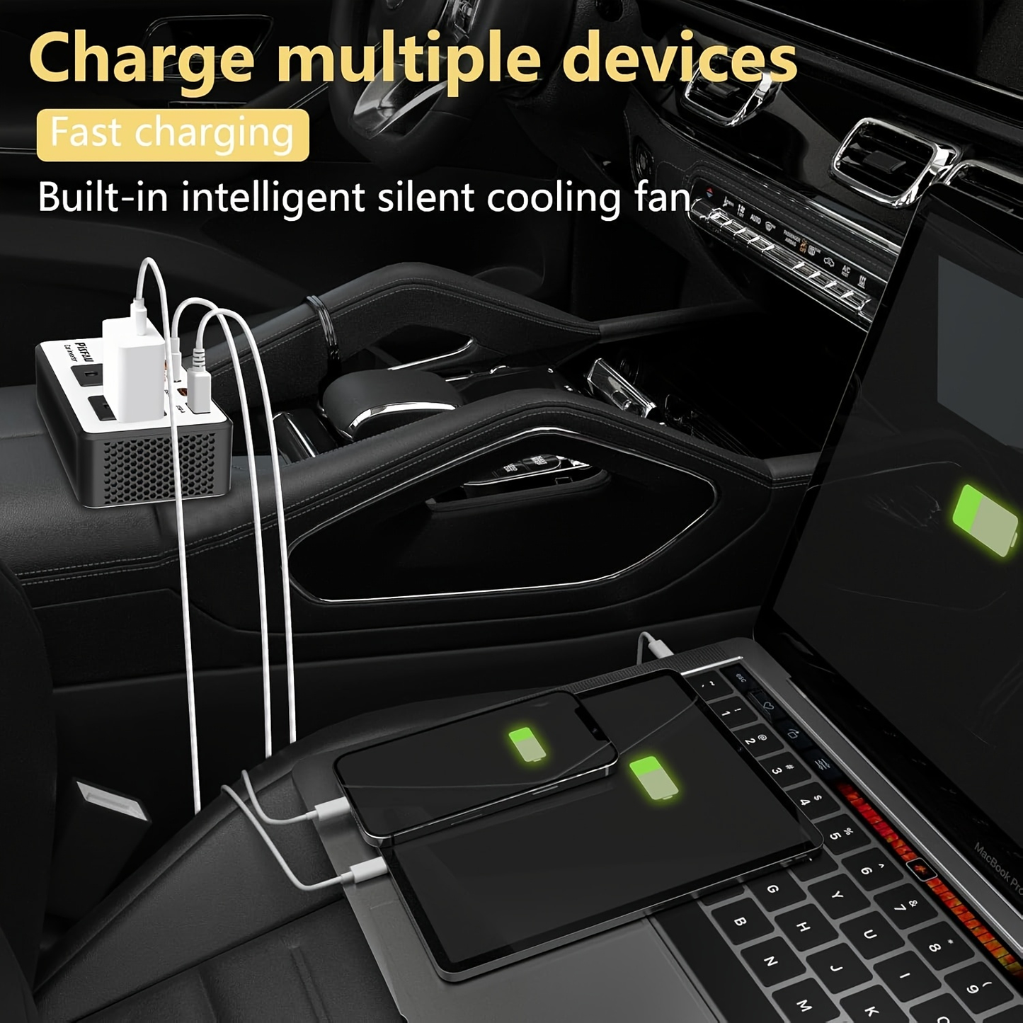 Car Inverter 200W DC 12V to AC 110V with Dual AC Outlets 24W USB-C Fast Charging 4 USB Ports Portable Laptop Phone Charger Adapter for Car Truck RV Travel